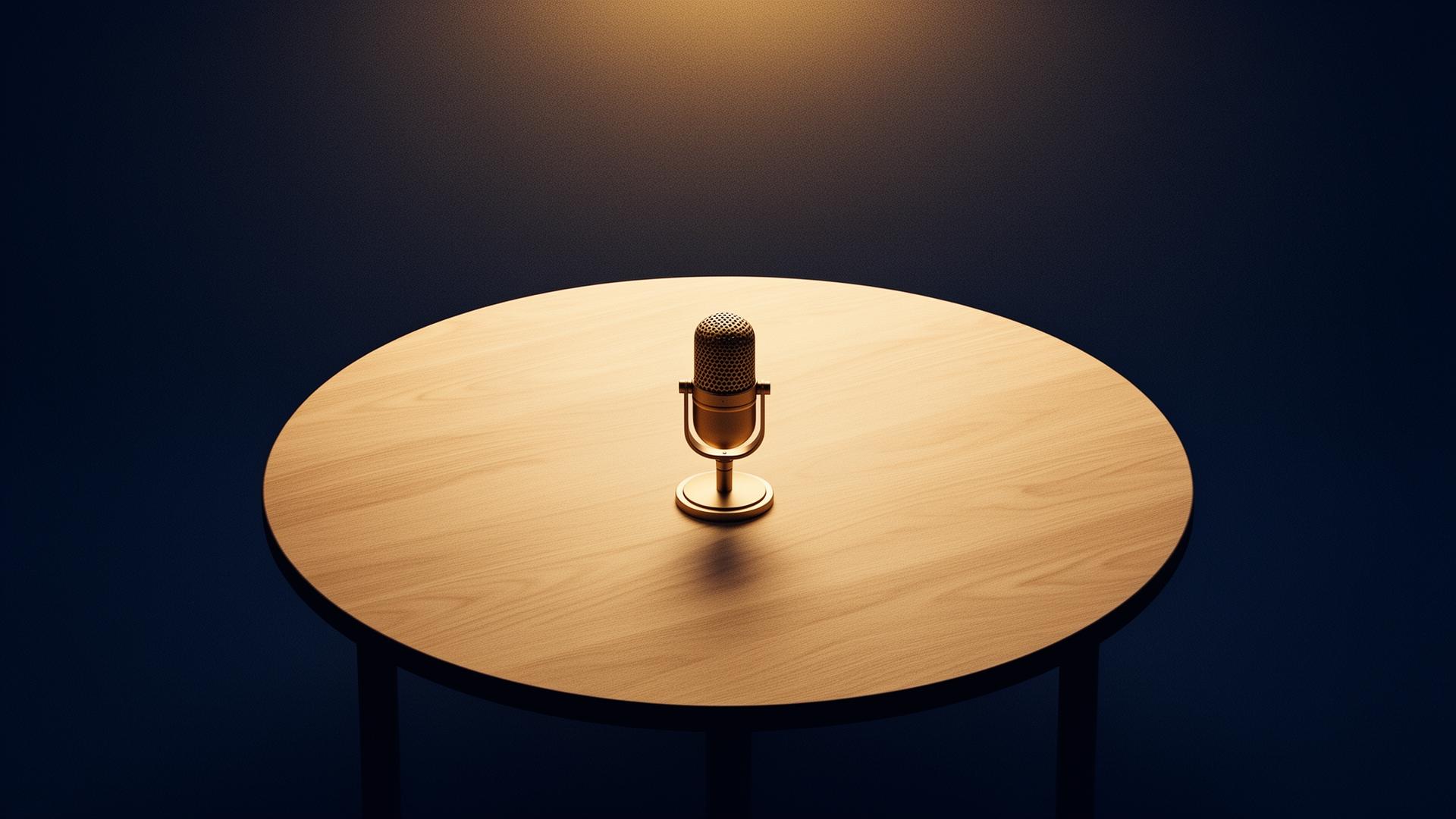 A single microphone resting on a round wooden table under warm light